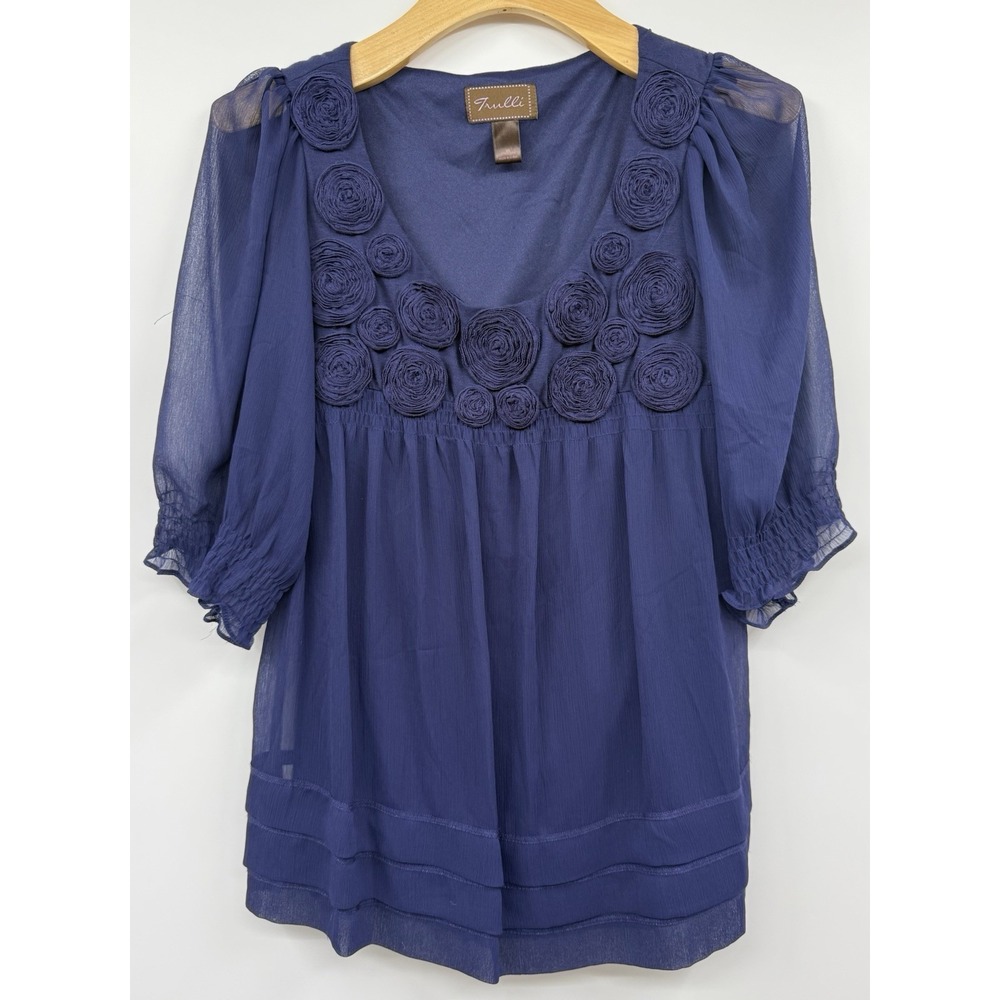 Trulli Babydoll Top SZ XS Sheer Chiffon Pullover Knit Ruffle Hem Rosette Lined